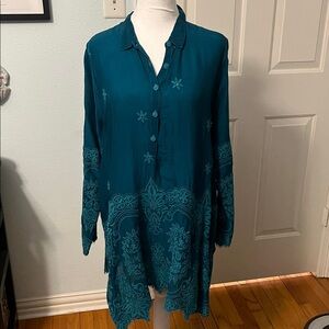 Johnny Was Teal Embroidered Detail Top